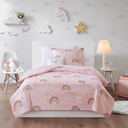 Alicia Rainbow and Metallic Stars Comforter Set with Bed Sheets