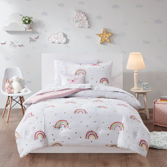 Alicia Rainbow and Metallic Stars Comforter Set with Bed Sheets