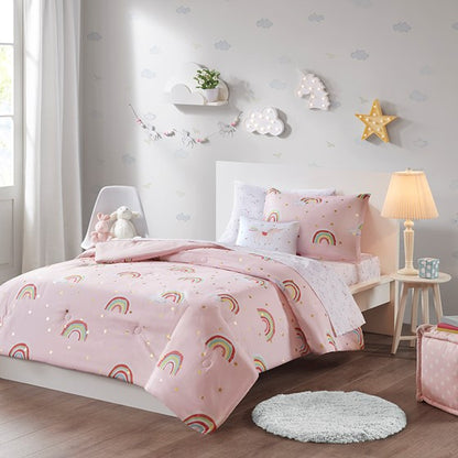 Alicia Rainbow and Metallic Stars Comforter Set with Bed Sheets