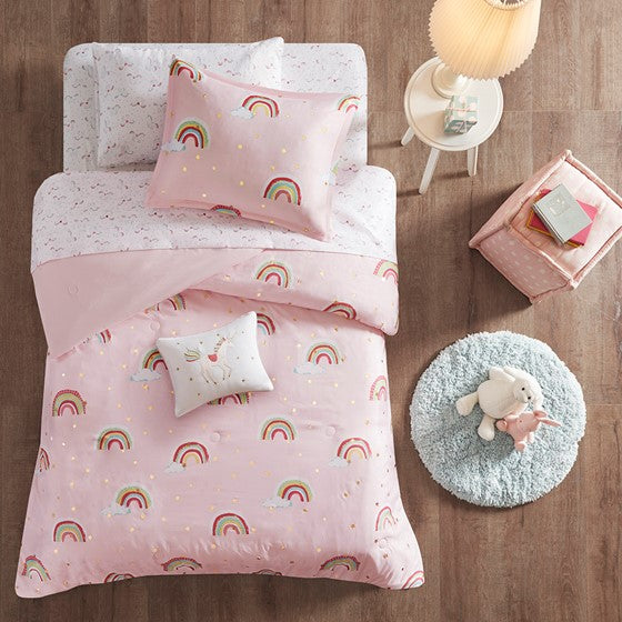 Alicia Rainbow and Metallic Stars Comforter Set with Bed Sheets