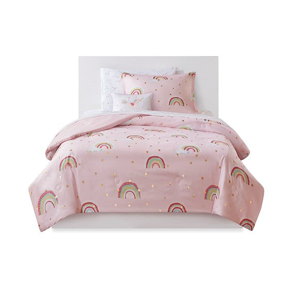 Alicia Rainbow and Metallic Stars Comforter Set with Bed Sheets