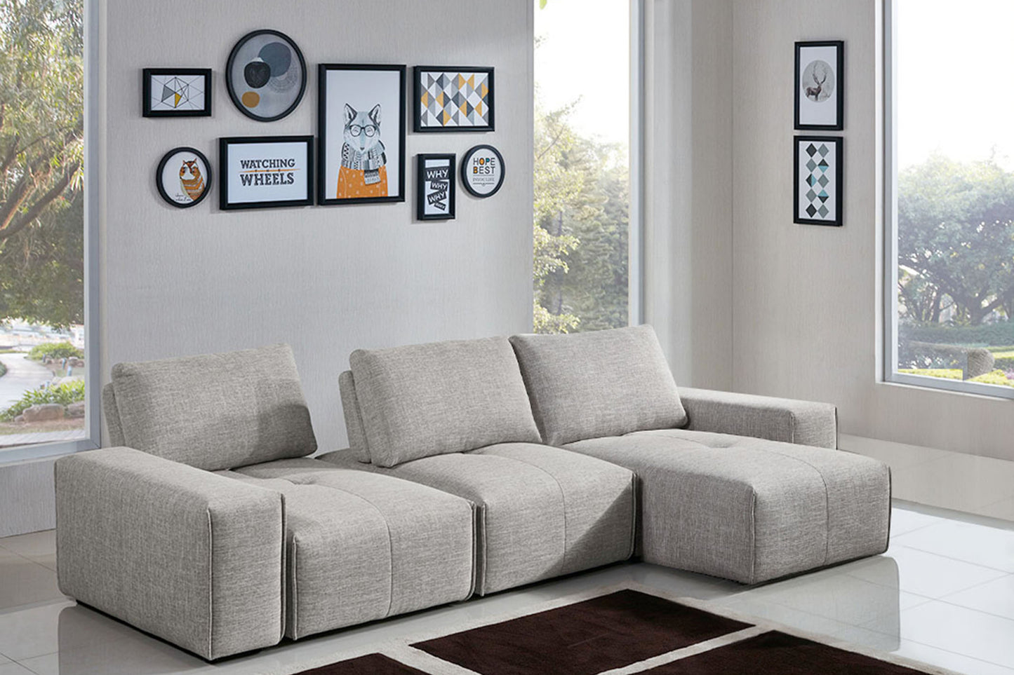 Jazz Modular 3-Seater Chaise Sectional with Adjustable Backrests in Light Brown Fabric