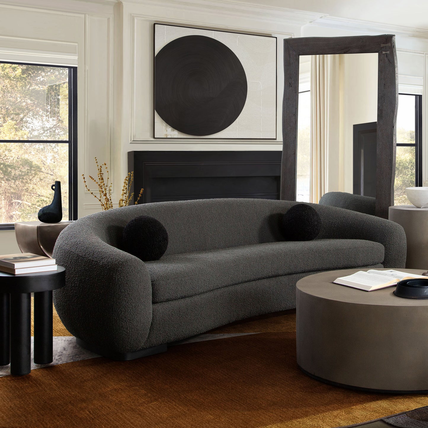 Pascal Sofa in Charcoal Boucle Textured Fabric w/ Contoured Arms & Back