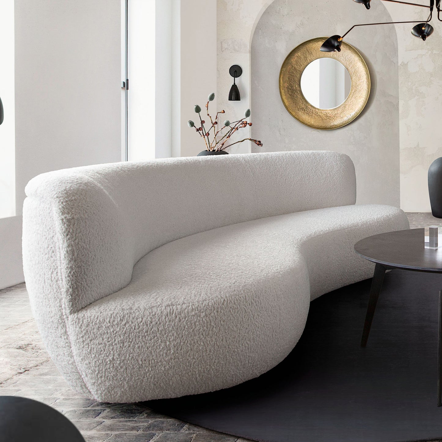 Simone Curved Sofa in White Faux Sheepskin Fabric